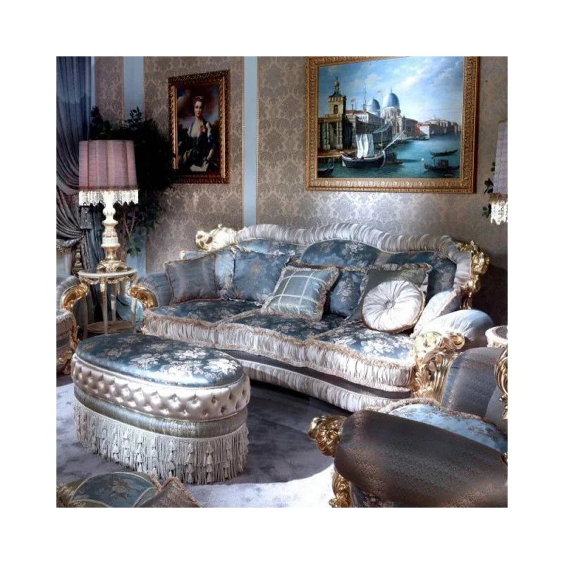 French Palace Style Gold Classic Royal Sofa Set Luxury Living Room Furniture Blue Embroidered Fabric Complete Set of Furniture