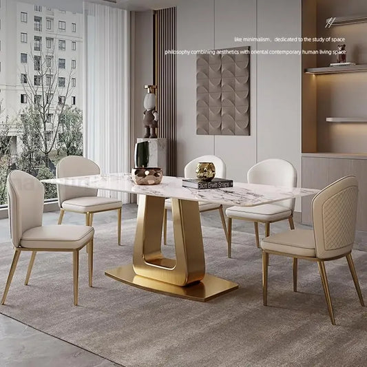 Golden Luxurious Dining Room Sets Steel Base Plate Kitchen Glossy Rock Board Rectangle Table Top Comedor Kitchen Furniture