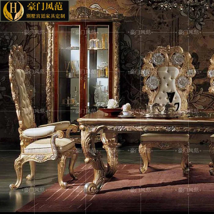 French log carving table and chair combination European court luxury gold foil rectangular table high-end furniture