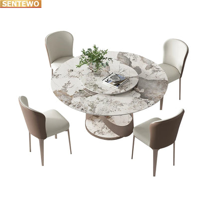 Designer Luxury round dinner Marble Rock Slab dining table set 6 chairs mesa de jantar esstisch marbre Stainless steel gold base