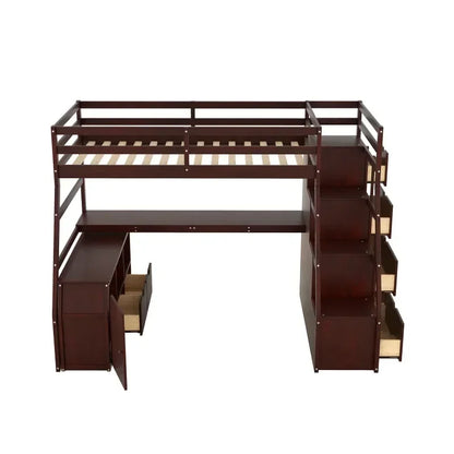 Espresso Twin Size Loft Bed with with 7 Drawers 2 Shelves and Desk Easy to assemble for indoor bedroom furniture