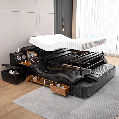 Nordic Multifonction Double Bed Side By Side Leather Luxury King Size Bed Frame Platform Wood Design Lit Bedroom Set Furniture