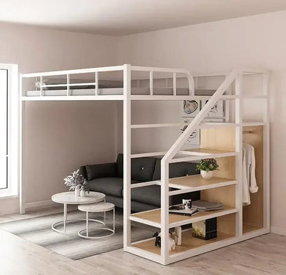 Iron work elevated bed under the empty single upper layer double layer small family space saving attic bunk apartment high and l