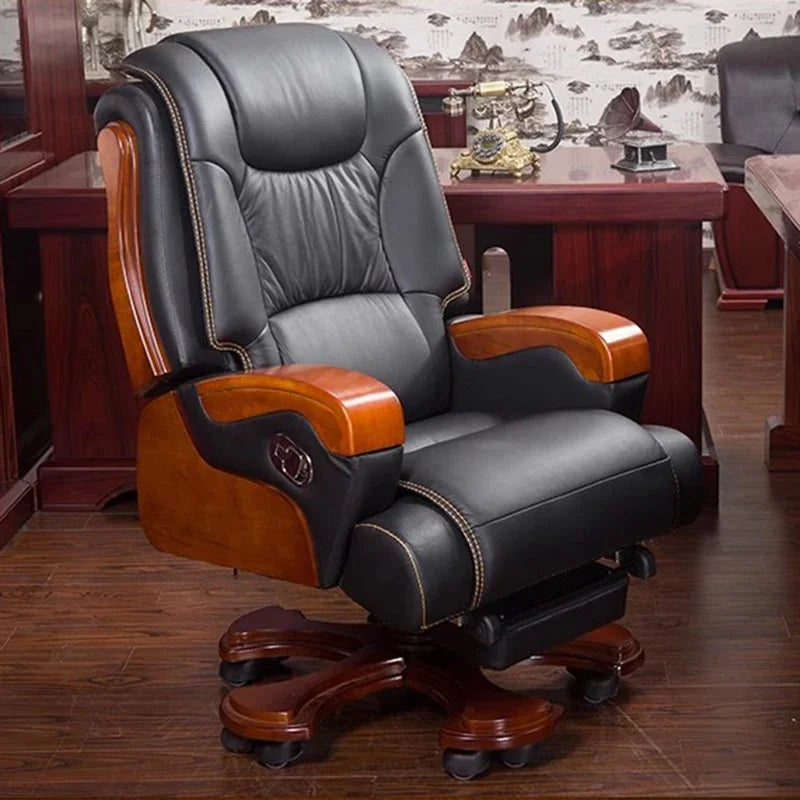 Elastic Office Chair Leather Wood Recliner Footrest Roller Adjustable Swivel Office Chair Executive Armrest Chaise Furniture