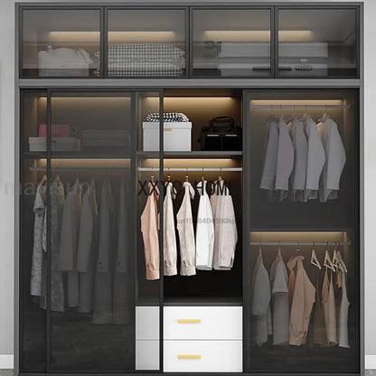 Italian Clothes Cabinet With LED Light And Storage Drawers Transparent Glass Sliding Door Bedroom Wardrobes Luxury Wood Closets