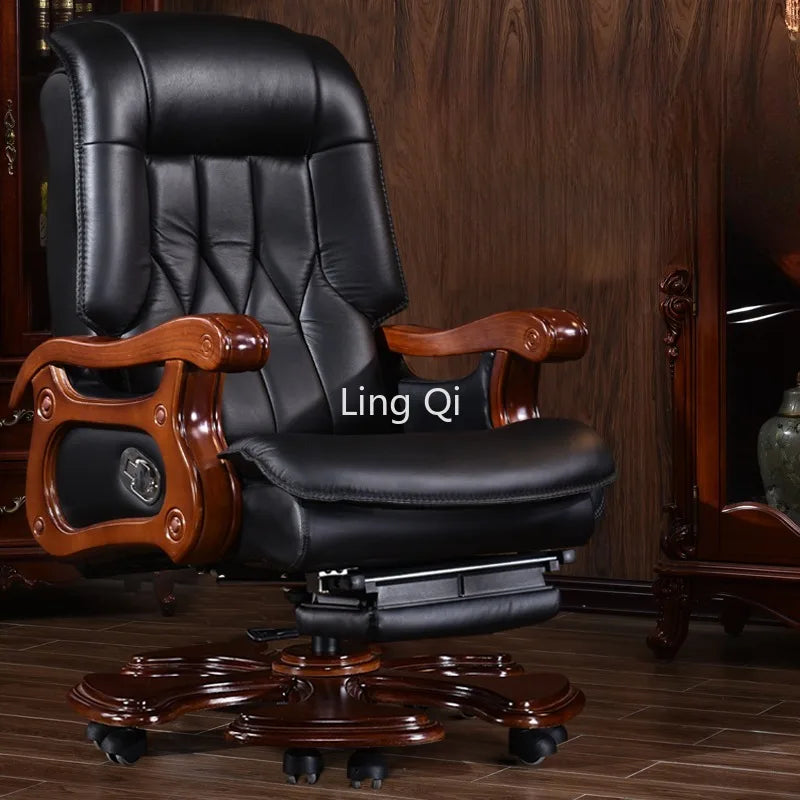 Genuine Leather Boss Office Chairs Reclining Massage Home Lifting Computer Chair Swivel Solid Wood Muebles Office Furniture