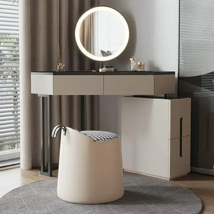 Luxury Modern Triangle Corner Vanity with LED Mirror Large capacity Makeup Dressing Table with 4 Drawers Save Space Furniture