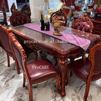 European style antique classical dining table 6 seater brown oak wooden Dining Room Furniture dining table set Luxury with chair