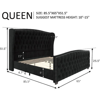 King Size Bed Frame, Velvet Upholstered Beds with Deep Button Tufted & Nailhead Trim Wingback Headboard, Platform Bed Frame