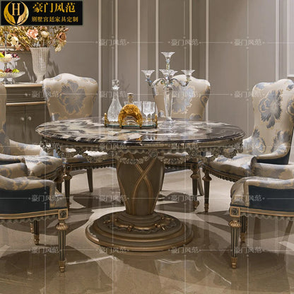 French luxury round table European-style full solid wood marble round table high-end villa one table and six chairs