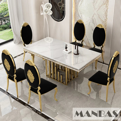 Luxury Dining Room Set: 8 MINGDIBAO Stainless Steel Genuine Leather Chairs, and Rectangle Table Made In Marble and Sea Shell