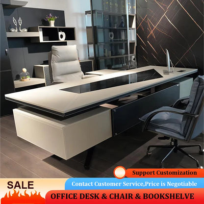 Leather decoration desk advanced gray modern office furniture table and chair combination leather decoration executive desk