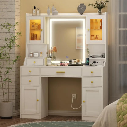 White Large Vanity Desk with Mirror,Lights and Charging Station,Make up Vanity Mirror with 3 Lights Mode