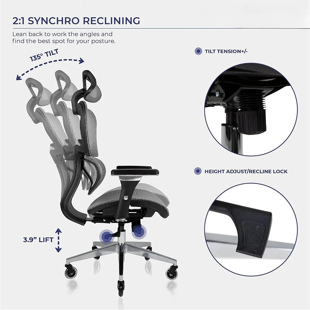 3D Ergonomic Office Chair - Rolling Desk Chair With 4D Adjustable Armrest 3D Lumbar Support and Blade Wheels Armchair