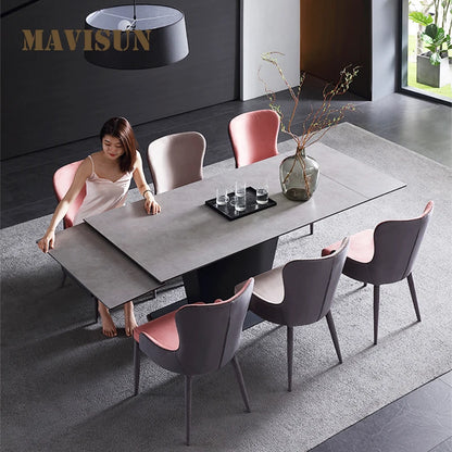 Modern Minimalist Glossy Rock Slab Kitchen Table Light Luxury Furniture Rectangular Extended Folding Dining Table And Chairs Set