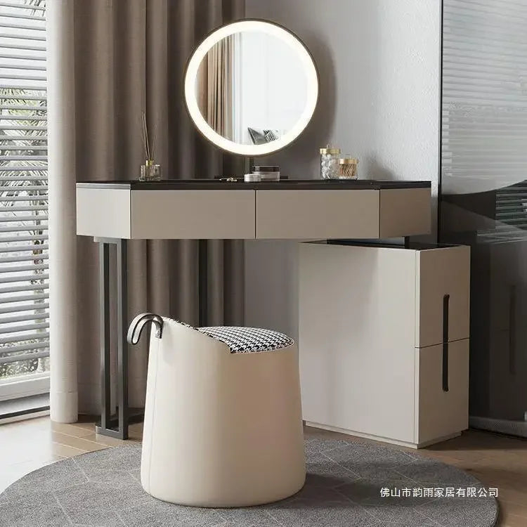 Luxury Modern Triangle Corner Vanity with LED Mirror Large capacity Makeup Dressing Table with 4 Drawers Save Space Furniture