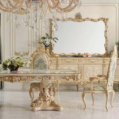 Palace French luxury villa furniture restaurant Champagne gold solid wood rectangular carved dining table and chair combination