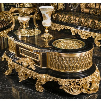 Luxury Antique Traditional Black Gold African Classical Baroque Royal Hand Carved Sofa Set Living Room Furniture Set