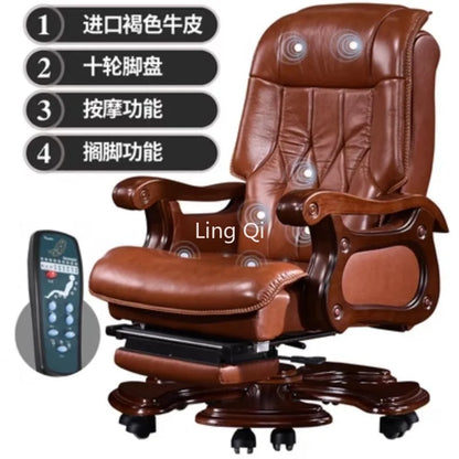 Genuine Leather Boss Office Chairs Reclining Massage Home Lifting Computer Chair Swivel Solid Wood Muebles Office Furniture