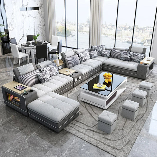 Modern Fabric Sofa Set with Bluetooth Speaker Sound System Living Room Sofas Big U Shape Corner Cloth Couch with Stools