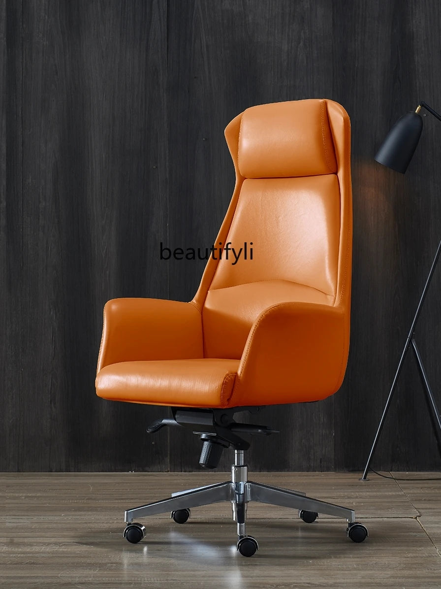 Office Lady Executive Chair Genuine Leather Long-Sitting Recliner Orange Cowhide Home Computer Chair Swivel Chair