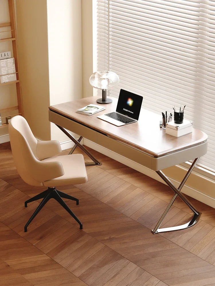 Saddle Leather Office Desk Luxury Modern Simple Bedroom Solid Wood Home Study Computer Desk Mesa Office Furniture Executive Wall