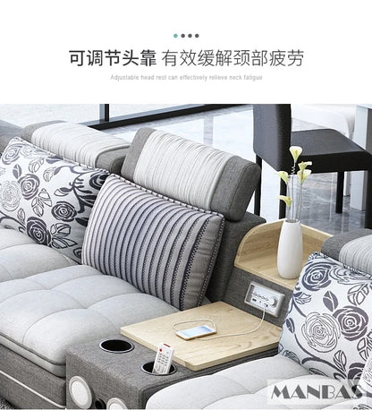 MINGDIBAO Nordic Fabric Sofa Set with Bluetooth Speaker & USB - Modern Living Room Modular Sofas Big U Shape Corner Cloth Couch