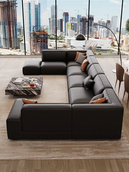 Black leather sofa living room large apartment Italian minimalist modern light luxury top layer