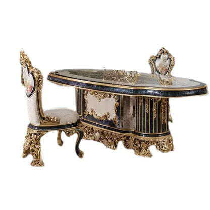 ~Custom-made French court solid wood dining tables and chairs oval wood carved gold foil craft luxury furniture