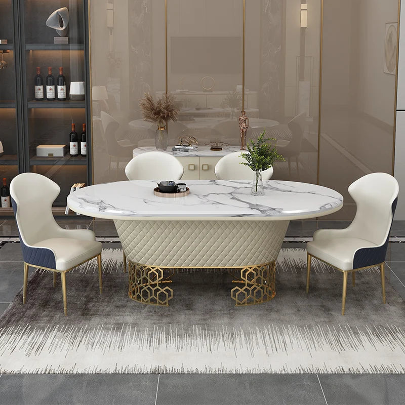 Luxury Dining Table Set with 6 Stainless Steel Leather Chairs and Oval Marble Table - Perfect for Kitchen and Dining Room Decor