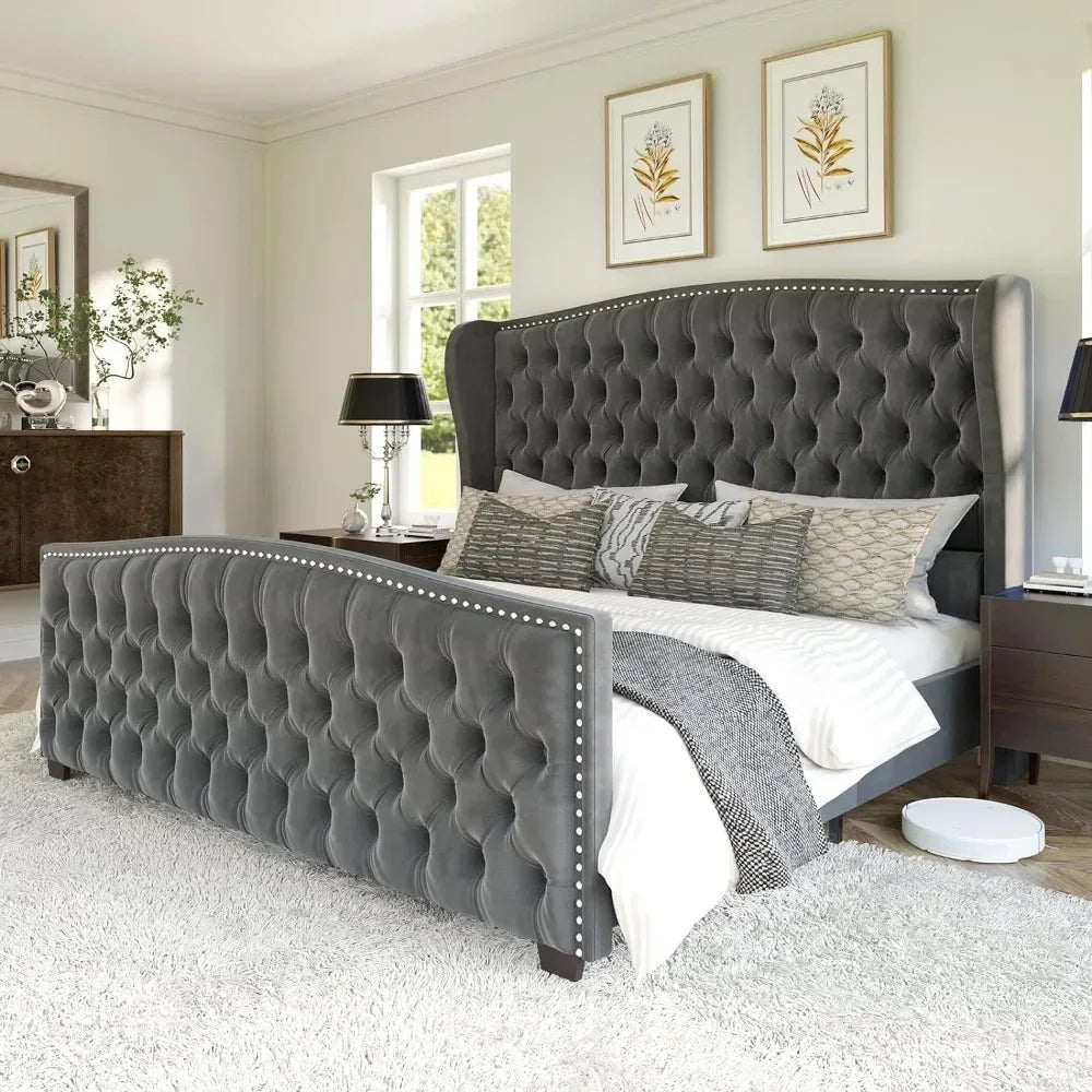 King Size Bed Frame, Velvet Upholstered Beds with Deep Button Tufted & Nailhead Trim Wingback Headboard, Platform Bed Frame