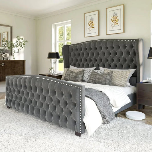 King Size Bed Frame, Velvet Upholstered Beds with Deep Button Tufted & Nailhead Trim Wingback Headboard, Platform Bed Frame