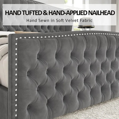 King Size Bed Frame, Velvet Upholstered Beds with Deep Button Tufted & Nailhead Trim Wingback Headboard, Platform Bed Frame