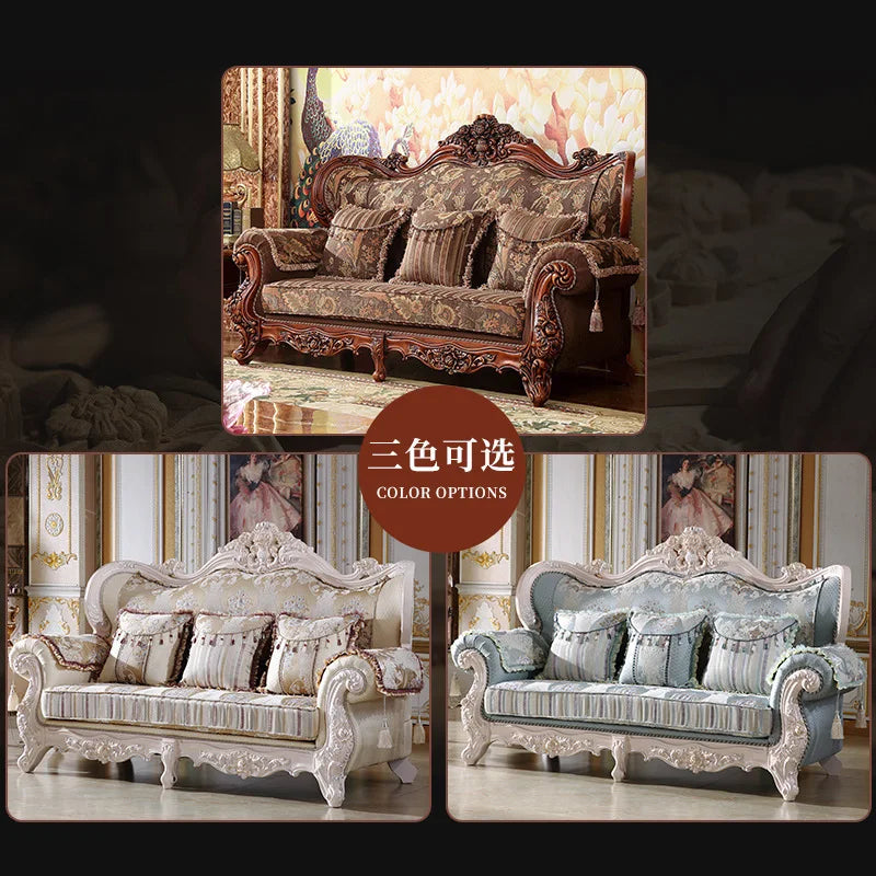 Living room furniture European style cloth art sofa style solid wood carved set luxury furniture