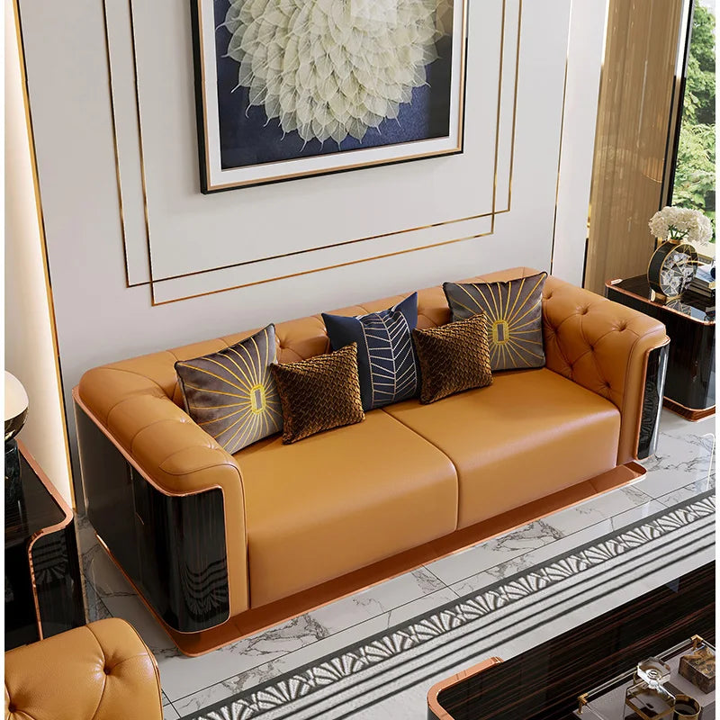 Modern Luxury Leather with Wooden Sofa Set, Fashion 2/3/4 Seater Sofa, Leather Couch for Living Room Accept Customzied Color