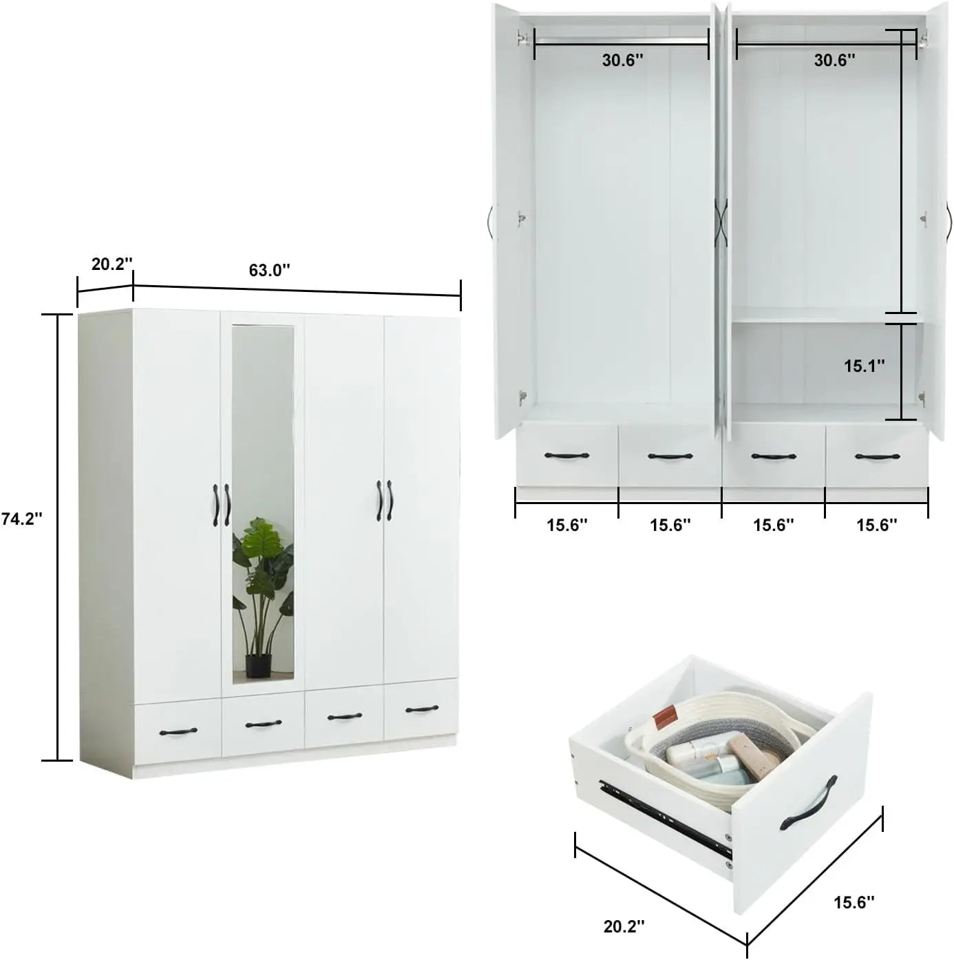 74.2" H Mirror Wardrobe 4 Doors White Wooden Freestanding Wardrobe Closet Armoire Bedroom Storage Wardrobe Cabinet Bathroom