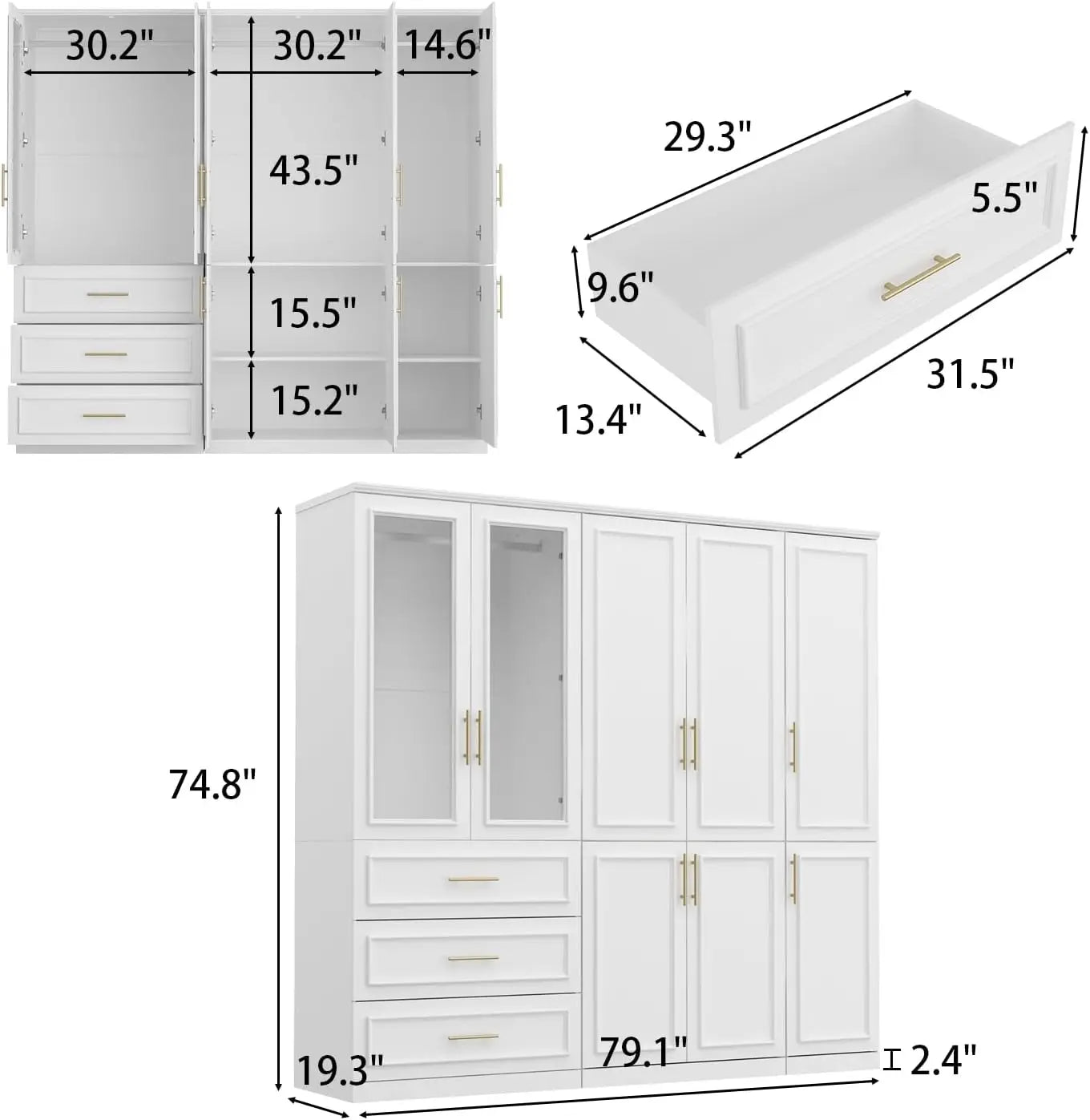 Extra Wide Wardrobe Armoire with 2/4/8 Doors,Drawers,Storage Shelves & Hanging Rods,Wooden Closet Cabinet for Bedroom,White