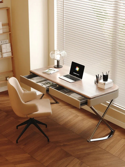 Saddle Leather Office Desk Luxury Modern Simple Bedroom Solid Wood Home Study Computer Desk Mesa Office Furniture Executive Wall