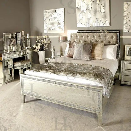 Modern Luxury Bedroom Furniture Queen/King Size Bed Sparkly Crushed Diamond Mirrored Bed Frame For Home Hotel