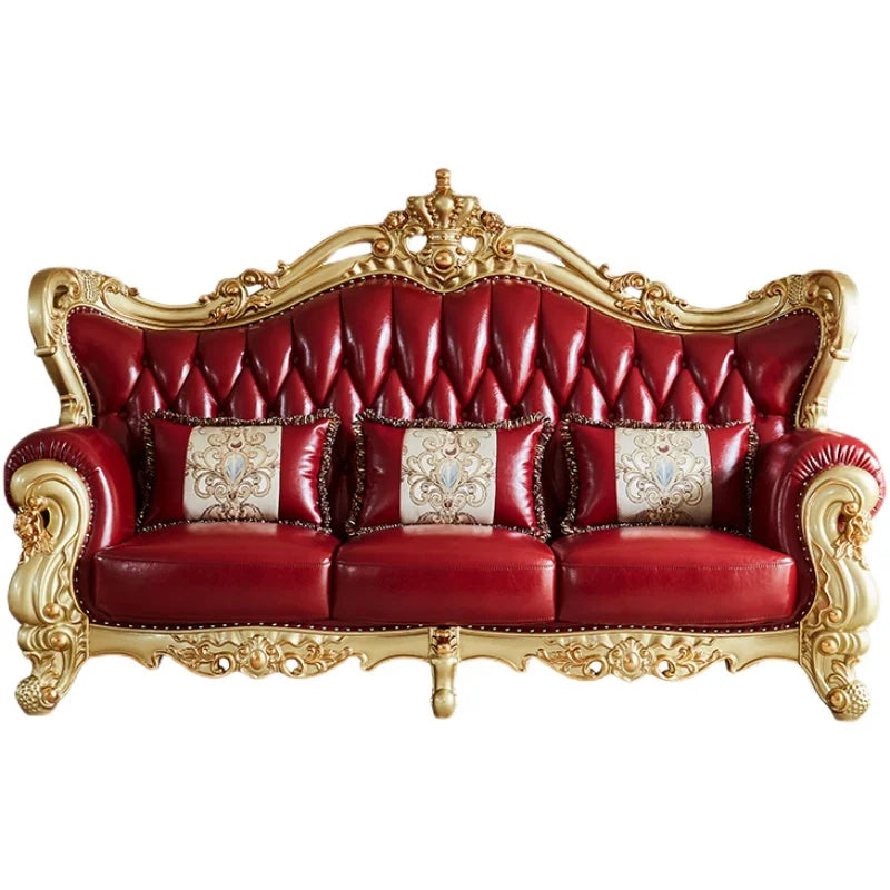 European Style Genuine Leather Sofa Combination Living Room Solid Wood Furniture Villa Luxury First Layer Cowhide Crown