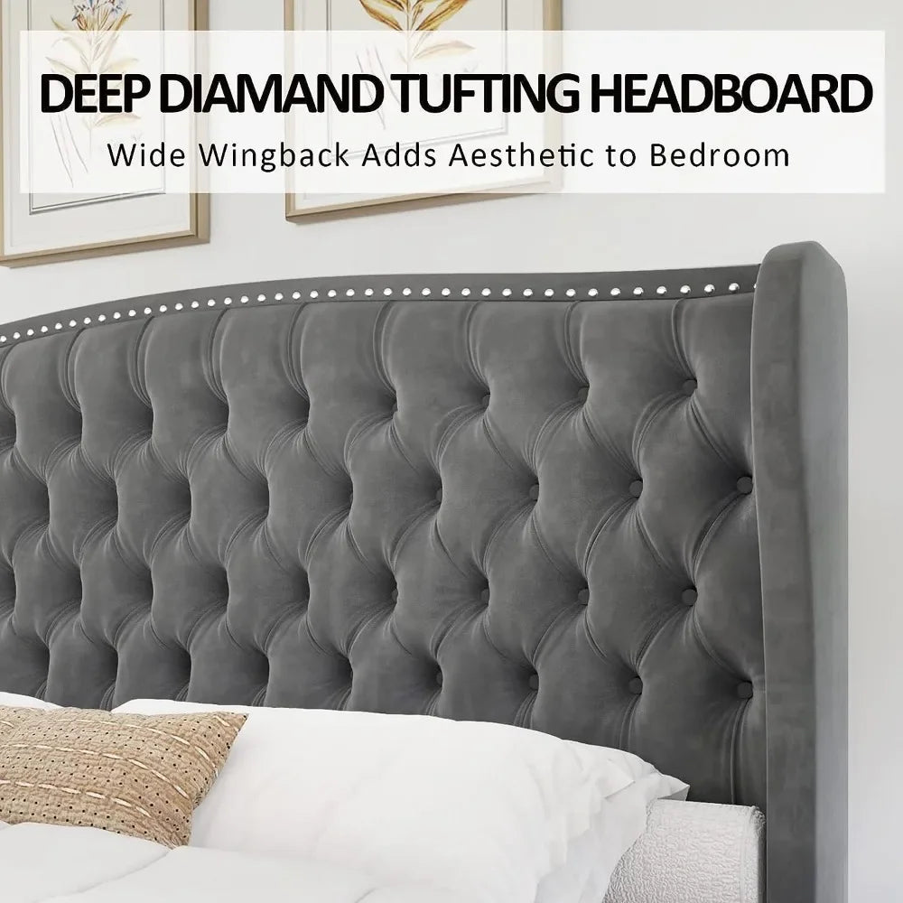 King Size Bed Frame, Velvet Upholstered Beds with Deep Button Tufted & Nailhead Trim Wingback Headboard, Platform Bed Frame