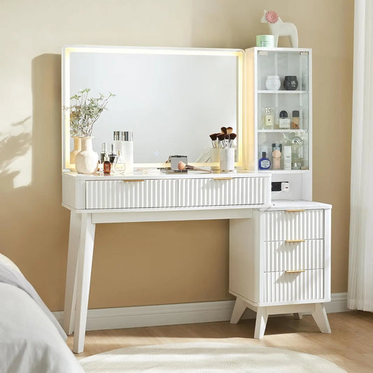 Fluted Makeup Vanity Desk with Large 36" Mirror and Lights,with 3/5 Drawers & Adjustable Shelves,Charging Station for Bedroom