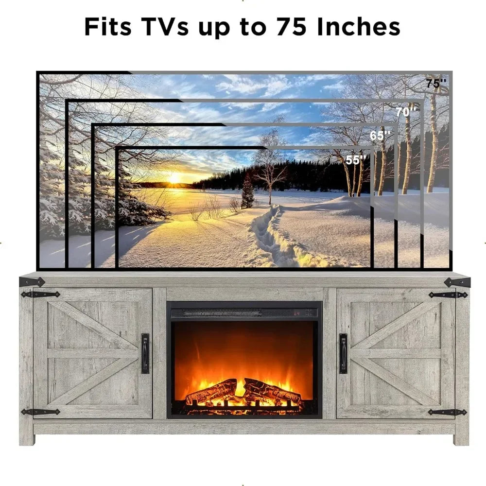 e TV Stand for 75 Inch TV, Farmhouse Barn Door Media Console, Entertainment Center with 23" Electric Fireplace Remote