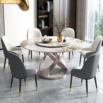 Designer Luxury round dinner Marble Rock Slab dining table set 6 chairs mesa de jantar esstisch marbre Stainless steel gold base