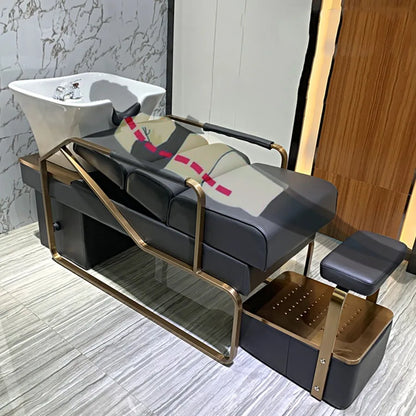 Barber Equipment Shampoo Chair Head Spa Bed Stylist Luxury Shampoo Chair Basin Wash Hair Salon Gold Reclining Cadeira Furniture