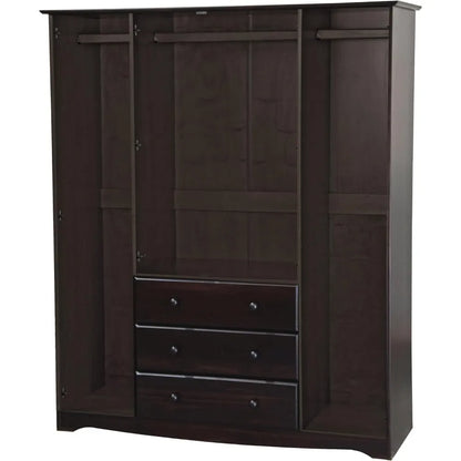 Solid Wood Family Wardrobe Closet/Armoire, Mocha, 3 Clothing Rods Included, 60.25" w x 72" h x 20.75" d, Eco-Friendly Wood