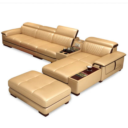 Italian Genuine Leather Sectional Sofa Set with Cup Holder, Adjustable Headrests & Bluetooth Speaker Living Room Couch