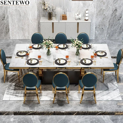 SENTEWO Luxury Marble Dining Table and 8 Dinning Chairs Stainless Steel Golden Leg Frame Dinner Table Chair Set Haute De Cuisine