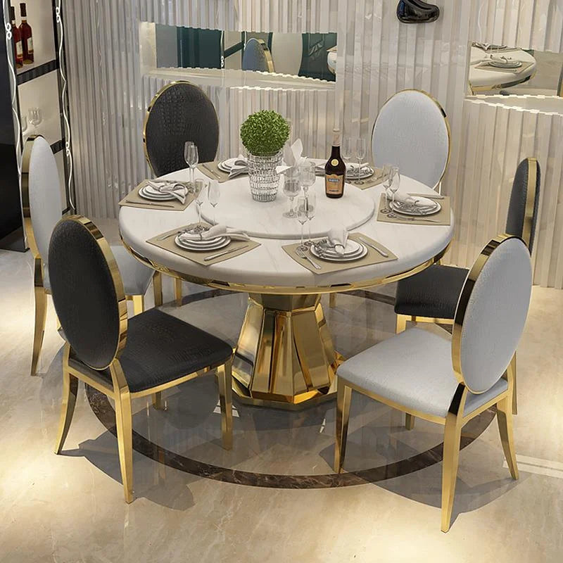 Luxury Natural Marble Round Dining Table Combination Portable Stainless Steel Furniture Set 6 Chairs Hallway Library Furniture