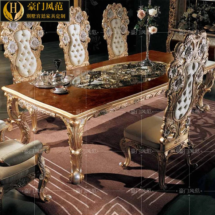 French log carving table and chair combination European court luxury gold foil rectangular table high-end furniture